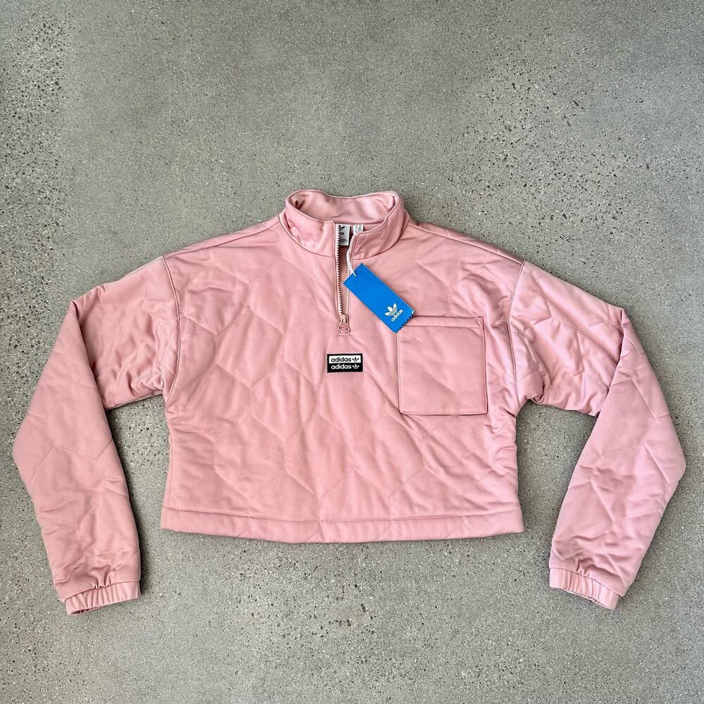 Adidas Pink Cropped Quilted Half Zip Pullover Sweatshirt